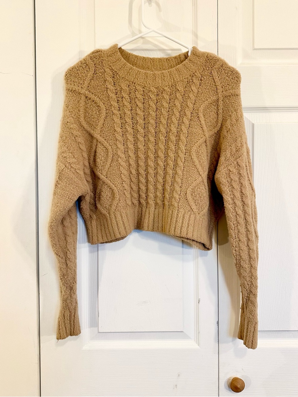 aerie Tan Cable Knit Crewneck Sweater